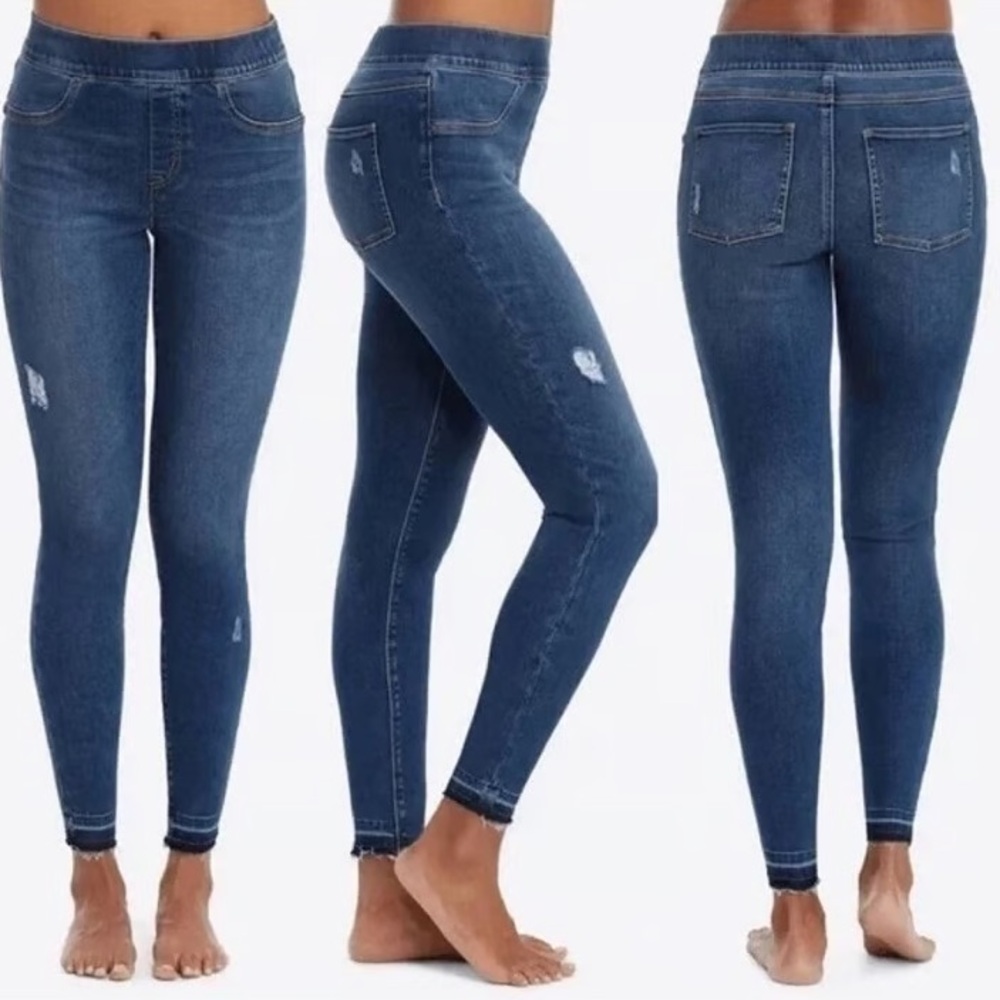 NWT SPANX Distressed Ankle Pull On Skinny Blue Jeans Raw Hem Size Small Petite